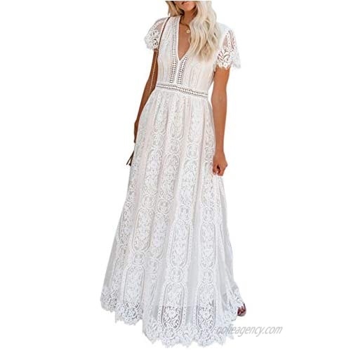 Lovezesent Women's Floral Lace V Neck Short Sleeve Bridesmaid Wedding Party Evening Dress