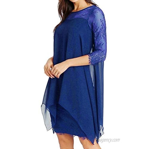 2019 New Women Chiffon Overlay Three Quarter Sleeve Lace Dress Oversize S-5XL(Size Runs Small)