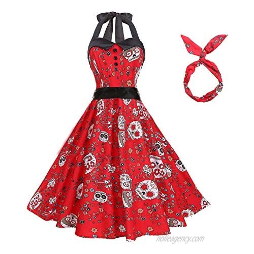 BI.TENCON 1950s Halter Style Vintage Polka Dot Swing Party Dress