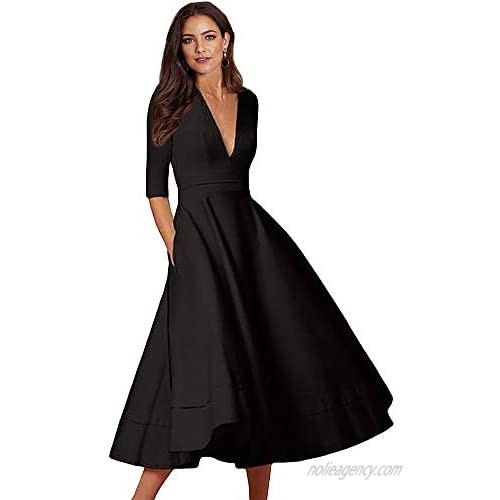 LALAGEN Womens Vintage 3/4 Sleeve V Neck Flare Plus Size Cocktail Party Midi Dress