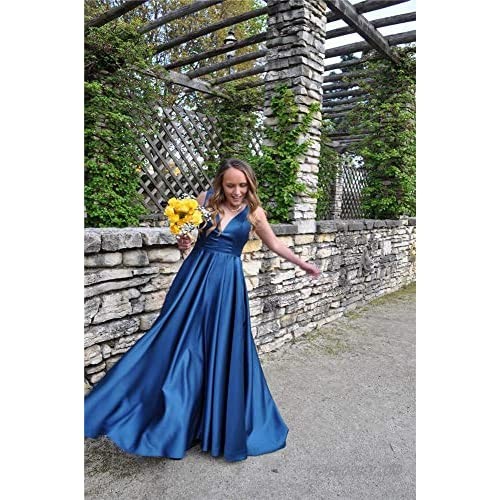 Rjer Women Satin Evening Prom Dresses Long v Neck Ball Gowns Wedding Dresses 2021 with Pockets