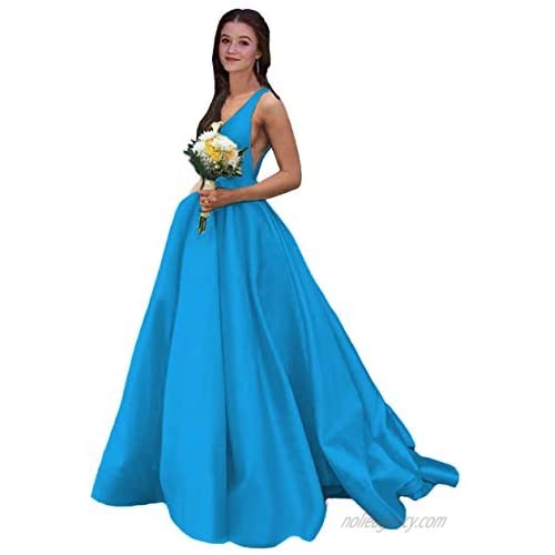 Rjer Women Satin Evening Prom Dresses Long v Neck Ball Gowns Wedding Dresses 2021 with Pockets