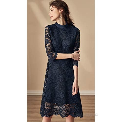 Roey s house Women's Vintage Floral Lace Half Sleeve Cocktail Party Midi A-line Swing Dress