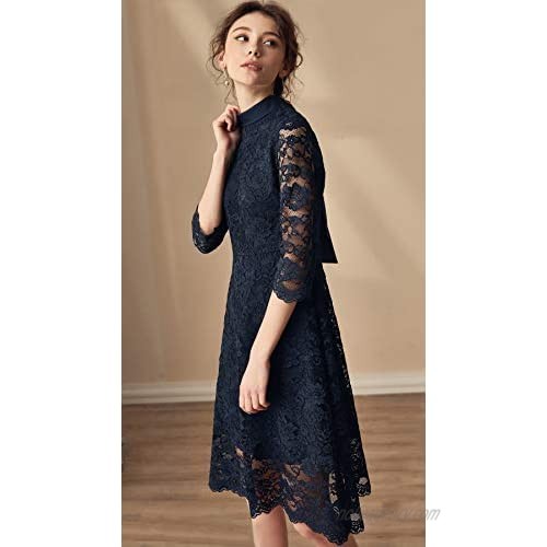 Roey s house Women's Vintage Floral Lace Half Sleeve Cocktail Party Midi A-line Swing Dress