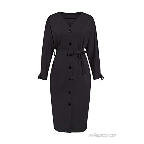 Sollinarry Women's Long Sleeve V Neck Button Down Waist Tie Slim Midi Pencil Dress Plus Size