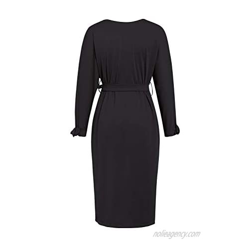 Sollinarry Women's Long Sleeve V Neck Button Down Waist Tie Slim Midi Pencil Dress Plus Size