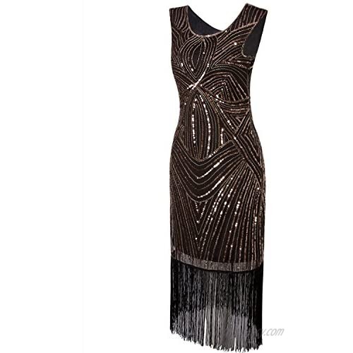 VIJIV Long Prom 1920s Vintage Fringe Sequin Art Nouveau Deco Flapper Dress