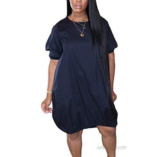 Women Summer Bubble Midi Dress Lantern Sleeve Solid Color Short Dress Clubwear