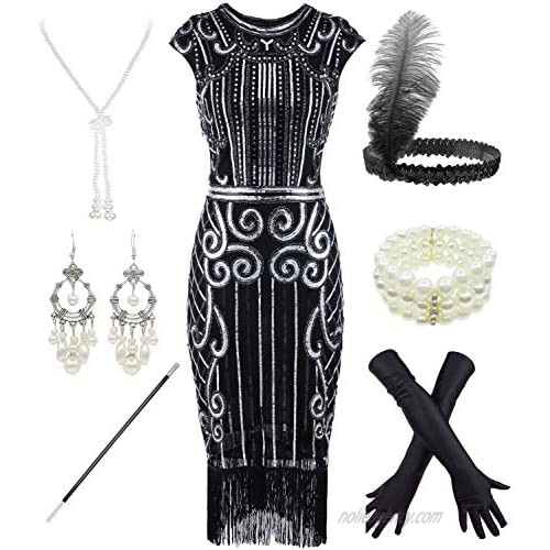 Women's 1920s Sequins Flapper Gatsby Cocktail Dress with 20s Headband Accessories Set