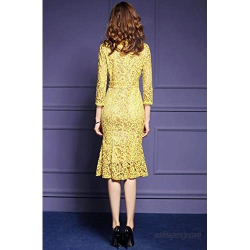 Women's Yellow Floral Lace 3/4 Long Sleeve Elegant Dress Ladies Cocktail Party Swing Dress