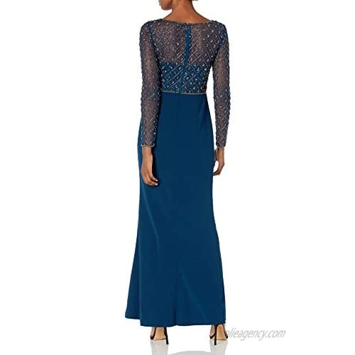 Adrianna Papell Women's Long Sleeve Illusion V Neck Stretch Crepe Mermaid Gown Dress