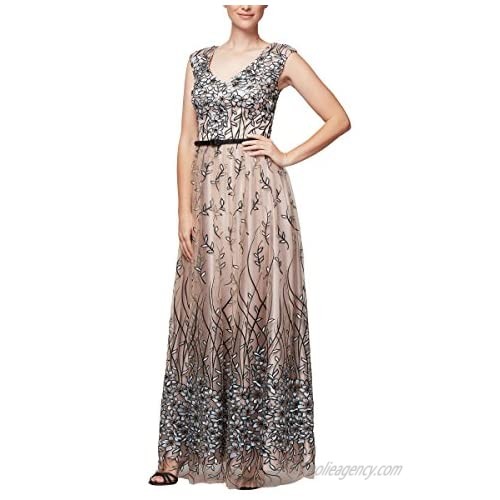 Alex Evenings Women's Sleeveless V-Neck Embroidered Gown with Satin Detail