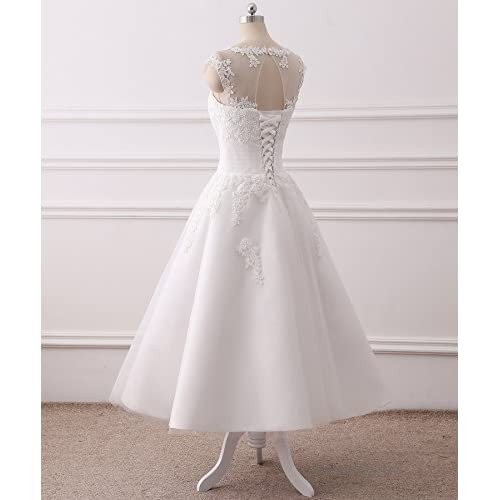 APXPF Women's Elegant Sheer Vintage Tea Length Lace Wedding Dress for Bride