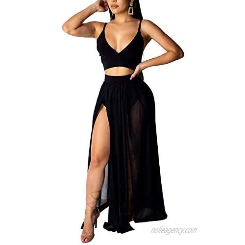 Aro Lora Women's Sexy Crop Top and Skirt Set High Side Slit Two-Piece Maxi Dress Summer