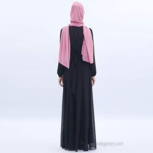 BooW Women's Chiffon Kaftan Abaya Dress Muslim Long Sleeve Self Tie Flowy Maxi Dress Islamic Evening Gown