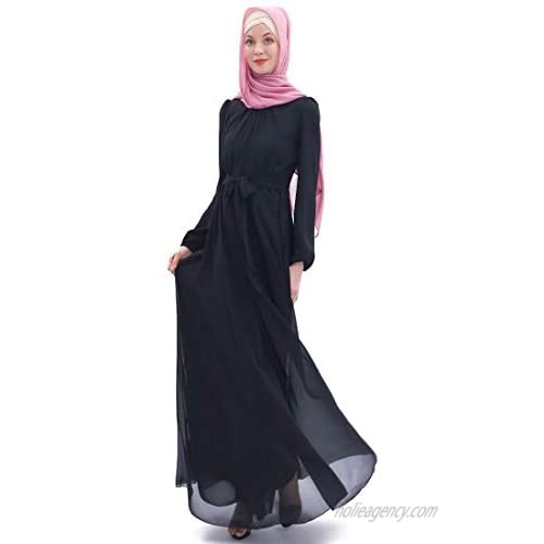 BooW Women's Chiffon Kaftan Abaya Dress Muslim Long Sleeve Self Tie Flowy Maxi Dress Islamic Evening Gown