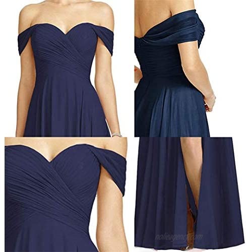Boqia Off Shoulder Bridesmaid Dress Chiffon Long Pleated Wedding Formal Evening Gowns with Slit