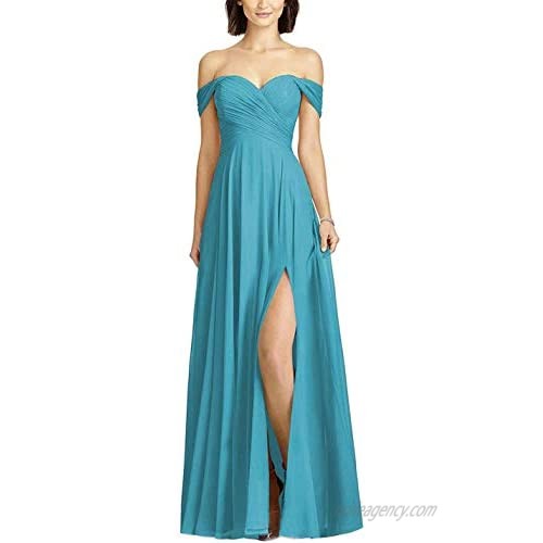 Boqia Off Shoulder Bridesmaid Dress Chiffon Long Pleated Wedding Formal Evening Gowns with Slit