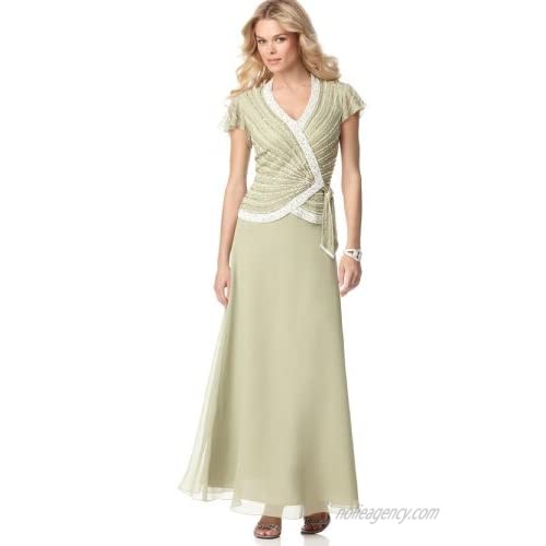 J Kara Women's Faux Wrap Long Dress W/Flutter Sleeve