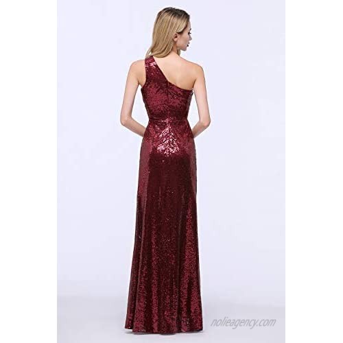 karever Women Sequined Long Bridesmaid Dresses One Shoulder Pleat Sequins Wedding Party Gown