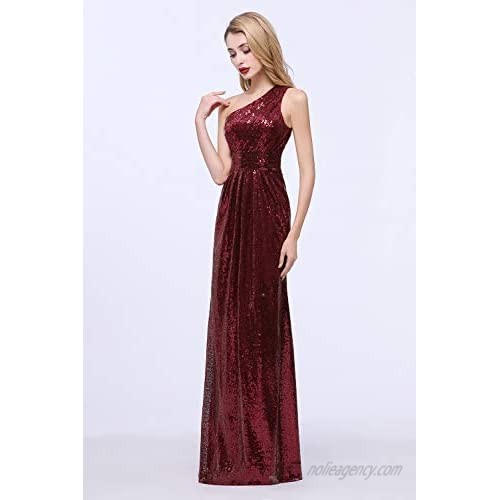 karever Women Sequined Long Bridesmaid Dresses One Shoulder Pleat Sequins Wedding Party Gown