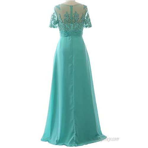 MACloth Women V Neck Long Mother of Bride Dresss Lace Evening Gown Short Sleeves