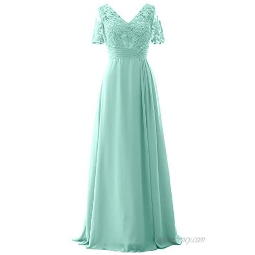 MACloth Women V Neck Long Mother of Bride Dresss Lace Evening Gown Short Sleeves