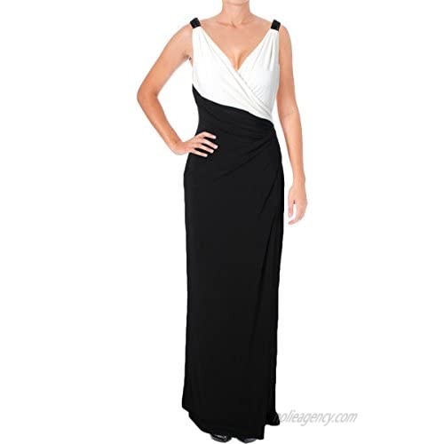 Ralph Lauren Womens Black Beaded Color Block Sleeveless V Neck Full-Length Body Con Evening Dress Size 4