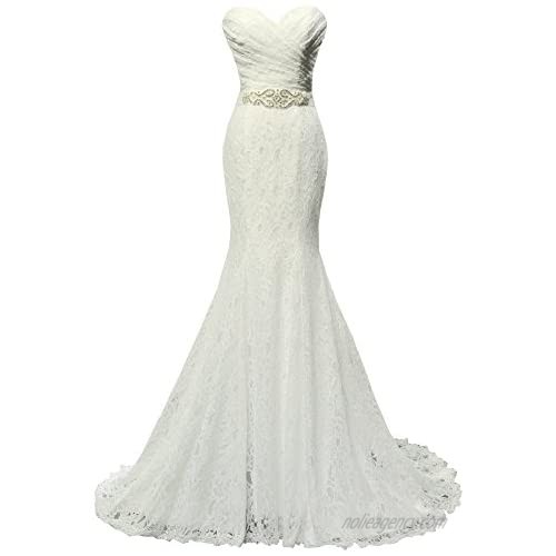 SOLOVEDRESS Women's Beaded Pleat Lace Wedding Dress Mermaid Bridal Gown with Sash