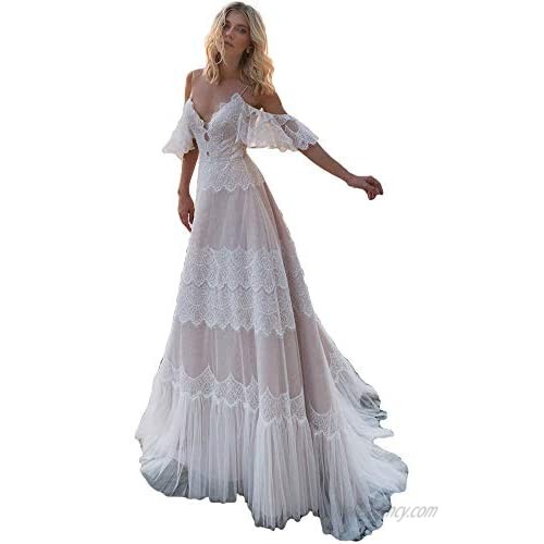 Sorayan Women's Wedding Dresses Chic Lace Evening Dresses Bohemian V Neck Ruffle Sleeves Wedding Gowns