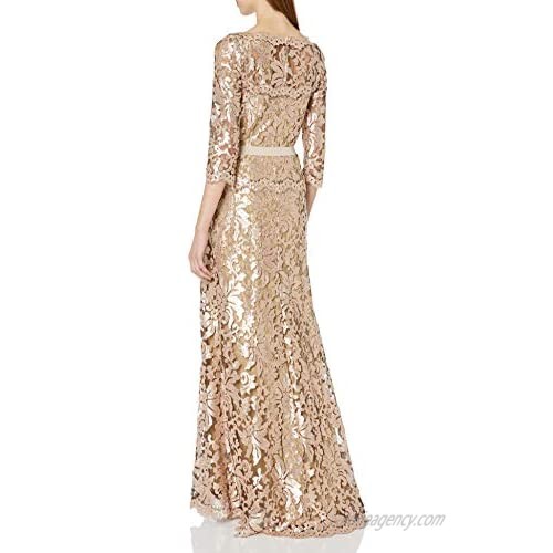 Tadashi Shoji Women's Sequin Embroidered Gown with 3/4 Sleeve and Belt