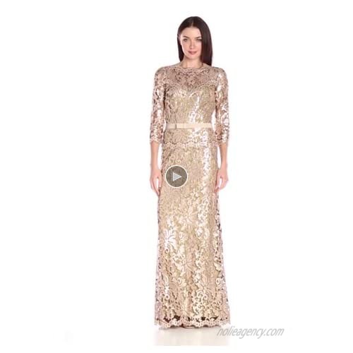 Tadashi Shoji Women's Sequin Embroidered Gown with 3/4 Sleeve and Belt