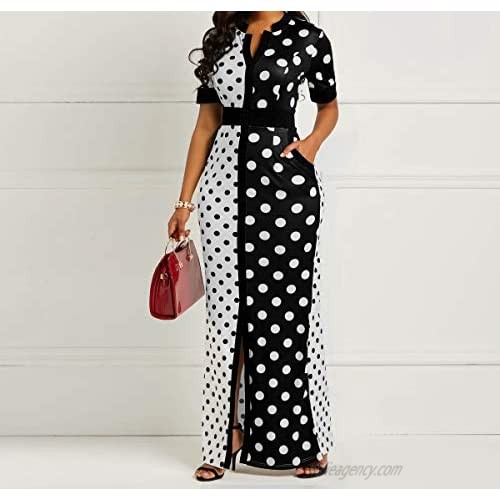 VERWIN Polka Dot Print Pocket Short Sleeve Bodycon Dress Women's Slit Maxi Dress