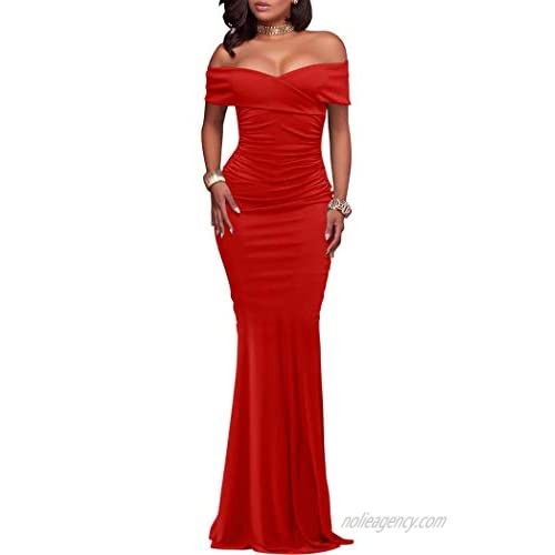 WHONE Women's Sexy Off Shoulder Bodycon Cocktail Formal Elegant Party Prom Long Maxi Dress