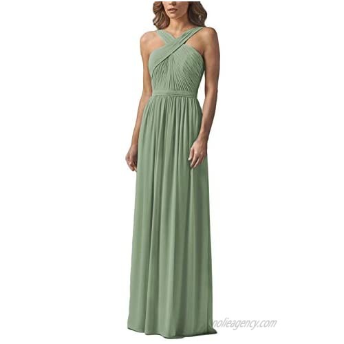 Women's High Neck Ruched Bridesmaid Dresses Long Open Back Formal Evening Gowns B024
