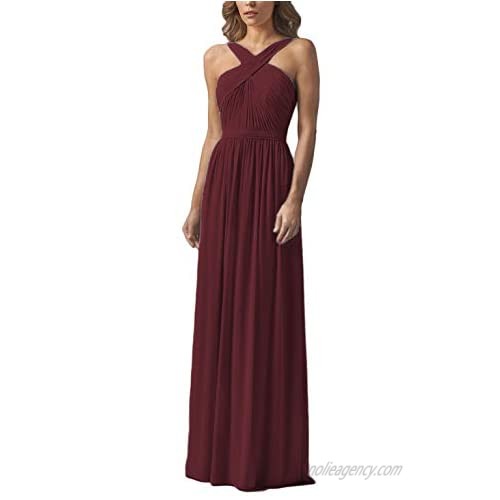 Women's High Neck Ruched Bridesmaid Dresses Long Open Back Formal Evening Gowns B024