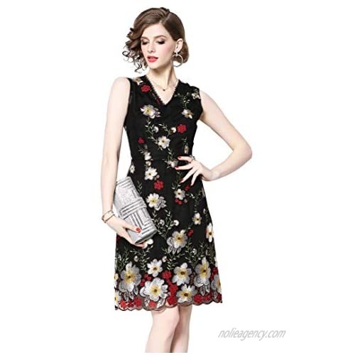 Womens Sleeveless V Neck Allover Floral Embroidered Evening Cocktail Dress