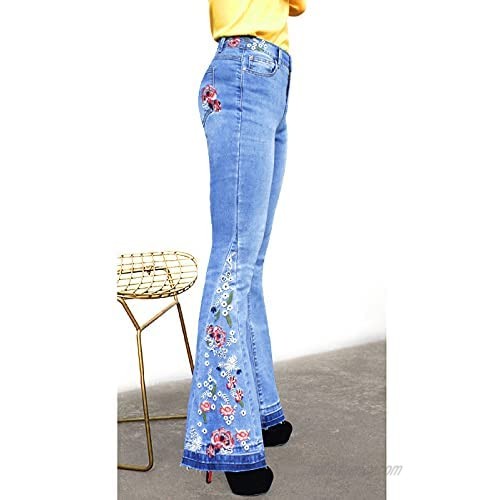 Anna-Kaci Womens Floral Daisy Embroidered Mid Rise Bell Bottom Flare Frayed Hem Jeans