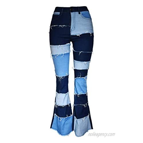 CLOTPUS Women's High Waist Straight Leg Denim Jeans Frayed Raw Hem Casual Patchwork Jeans