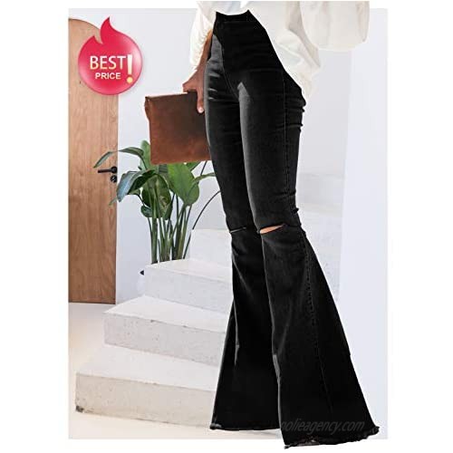 FANCYNA Women's Ripped Flare Jeans Elastic High Waist Raw Hem Bell Bottom Denim Pants for Woman
