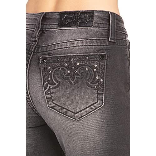 Miss Me Women's Chloe Mid-Rise Slim Fit Bootcut Jeans with Embroidered and Rhinestone Pockets