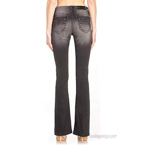 Miss Me Women's Chloe Mid-Rise Slim Fit Bootcut Jeans with Embroidered and Rhinestone Pockets