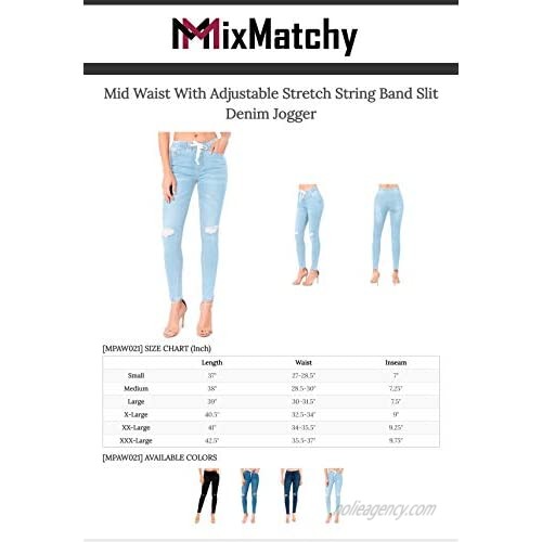 MixMatchy Women's Distressed Ankle Length Frayed Hem Drawstring Elastic Waist Denim Jogger Pants