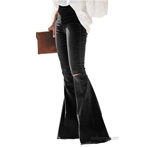 Shawhuwa Womens Denim Pants Jeans Stretch Bell Bottom Flared Jeans Destroyed Skinny Ripped Pants