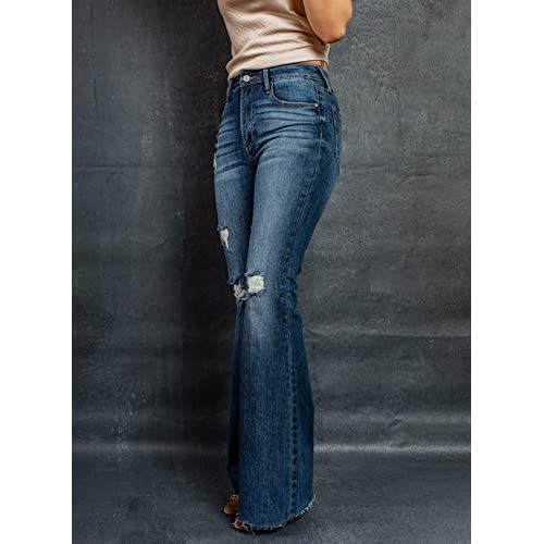 Sidefeel Women Mid Rise Bell Bottom Jeans Ripped Flare Raw Hem Denim Pants XL Blue