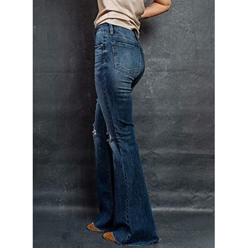 Sidefeel Women Mid Rise Bell Bottom Jeans Ripped Flare Raw Hem Denim Pants XL Blue