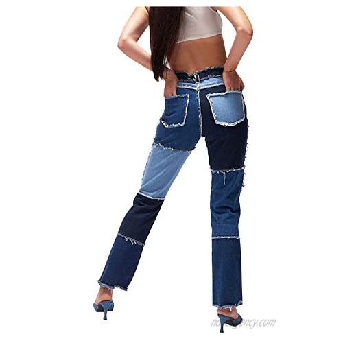Womens Patchwork Jeans High Waist Stretch Distressed Straight Denim A-line Vintage Pencil Trousers Skinny Leggings Pants