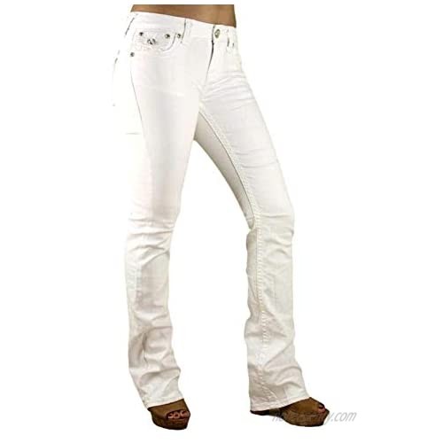 Women's Ripped Bootcut Jeans Mid Rise Flare Bottoms Vintage Distress with Rhinestone Pockets S96-PB