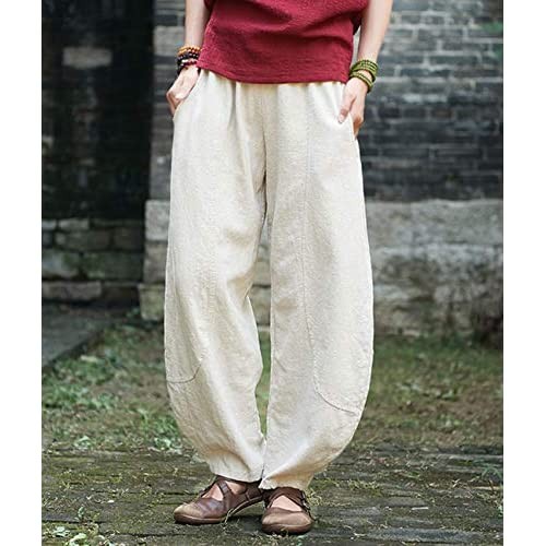 Aeneontrue Women's Wide Leg Pants Casual Cotton Linen Tapered Trousers with Elastic Waist