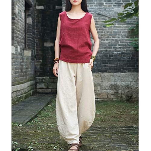 Aeneontrue Women's Wide Leg Pants Casual Cotton Linen Tapered Trousers with Elastic Waist